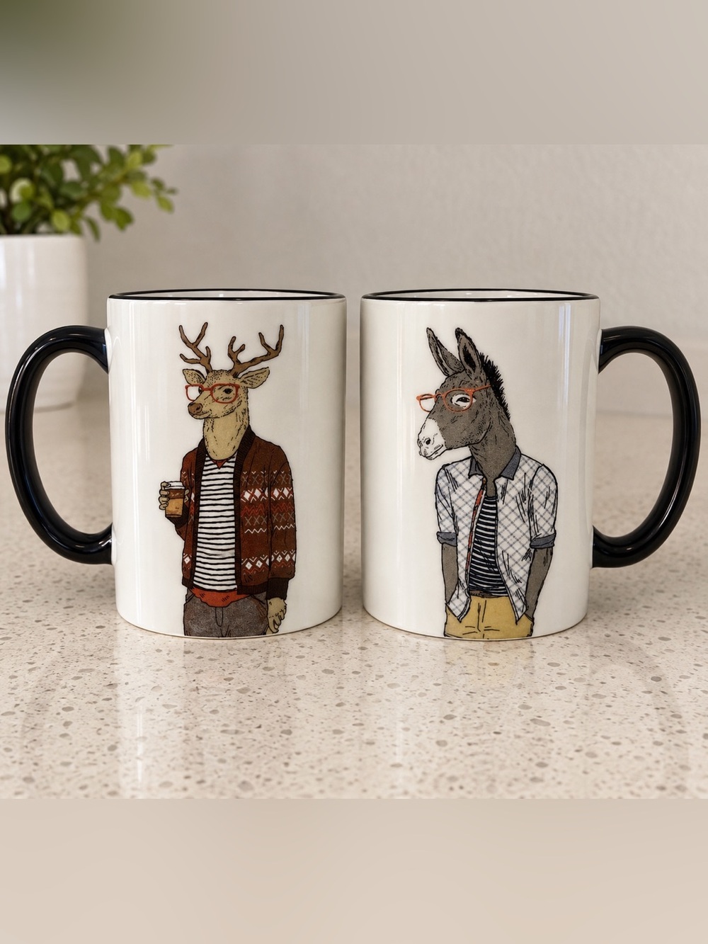 2 Signature Housewares Hipster Animal Coffee Tea Mug  Horse Deer 17.5 Oz Big Mug